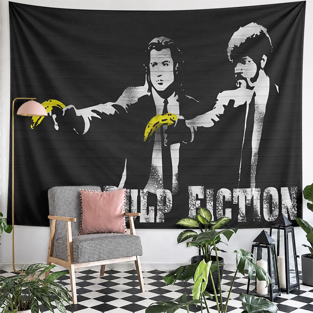 Two characters in suits pointing bananas as weapons, with "Pulp Fiction" text. Patterned tapestry for bedroom and living room home decor