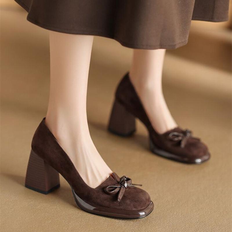 Новые туфли Мэри Джейн на высоком каблуке в стиле ретро, женские туфли из искусственной замши на толстом каблуке, дизайнерские туфли-мюли на платформе для женщин с бантом, модные офисные туфли для работы