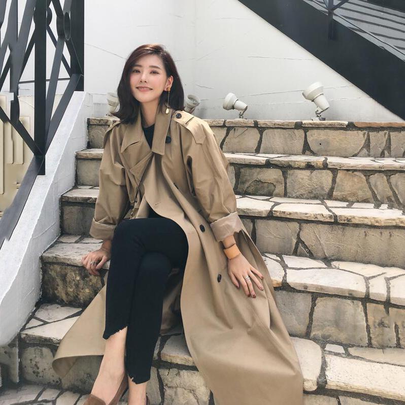 Тренч цвета хаки, повседневная женская длинная верхняя одежда, свободная одежда для женщин с поясом, осенний армейский зеленый цвет