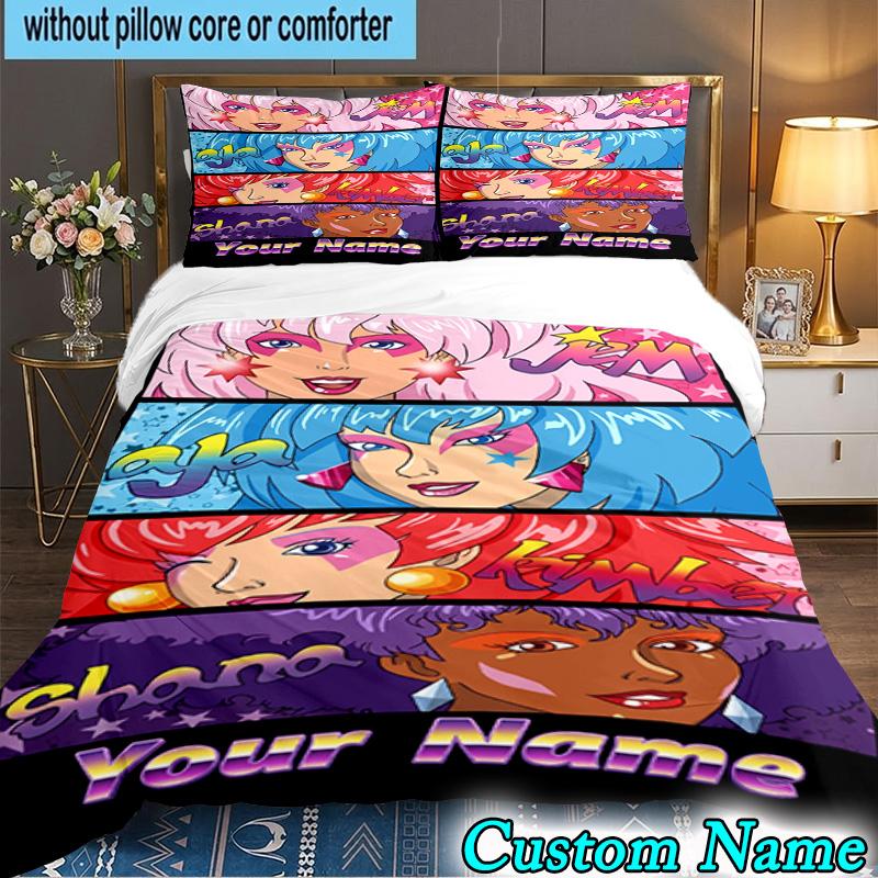 Custom Name 3PCS Jem Holograms Neon Art Bedding Set,Including Duvet Cover And 2pcs Pillowcases Perfect for Bedroom,Dormitory,Fan Christmas gift