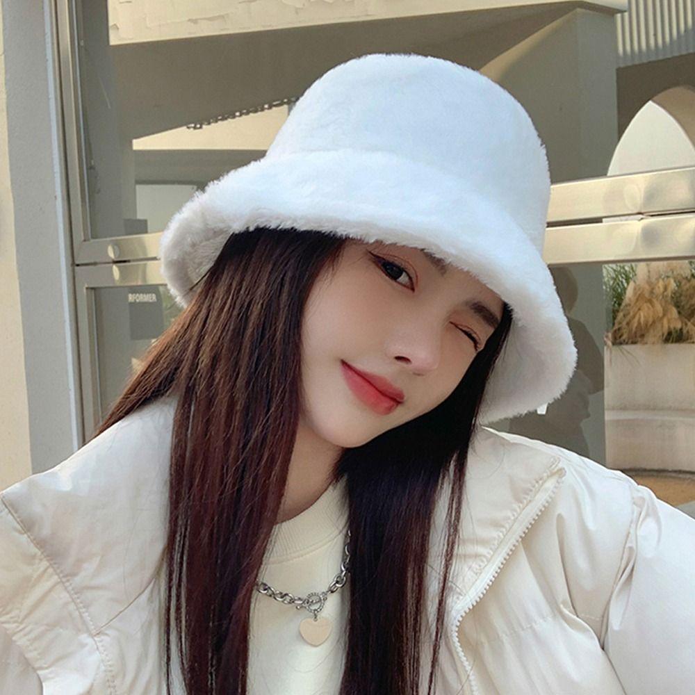 Faux Fur Bucket Hat Soft Flat Top Cap Gift Fisherman's Cap Women Lady