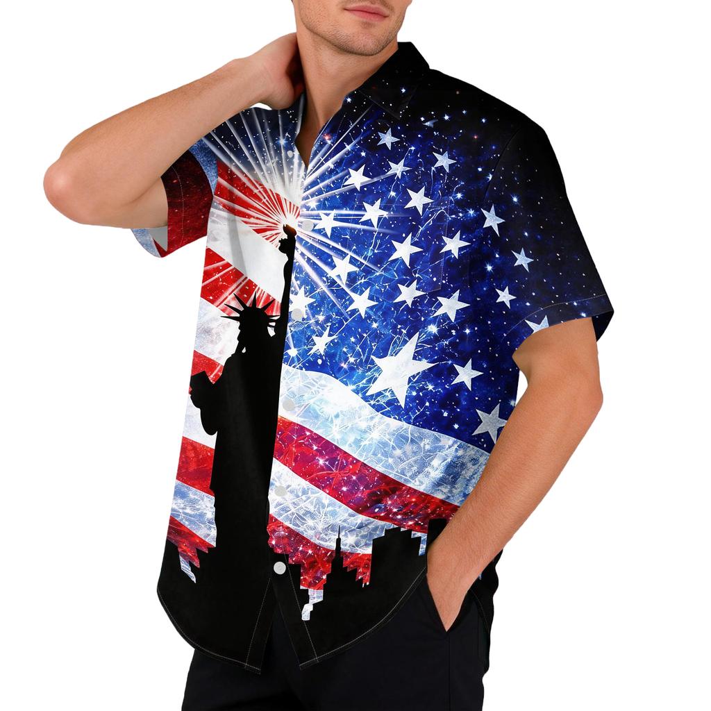 Men's Casual Printed Short Sleeve Open Front Cardigan, Independence Day Festival Tops
