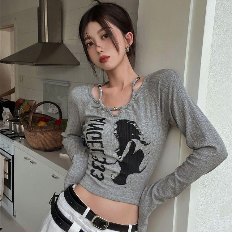 Grunge Y2k женская футболка с винтажным принтом и круглым вырезом в стиле пэчворк, тонкий топ с длинными рукавами Kpop, модная футболка с рисунком, уличная одежда