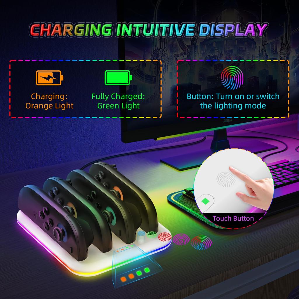 JOYTORN Switch 2 Controller Charging Fast Charging Dock for Nintendo Switch 2 RGB Lighting Magnetic Controller Charging Stand Station Dock, 4-in-1