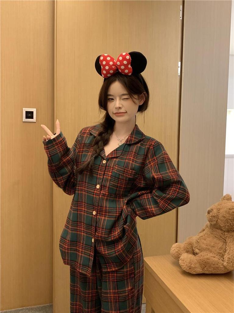 2024 Autumn Loose-Fit Couple Pajama Set - Long Sleeve Christmas Plaid Flannel Homewear