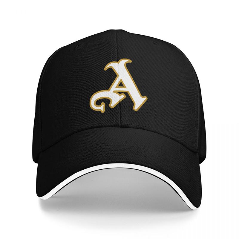 A logo black baseball cap with gold and white embroidered letter A design classic sporty style for everyday wear
