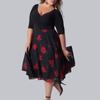 Yousheng Plus Size Dress Deep V Neck A-line Double-layered Hem Mid Sleeves Flower Printing Midi Dress Prom Party Evening Dress