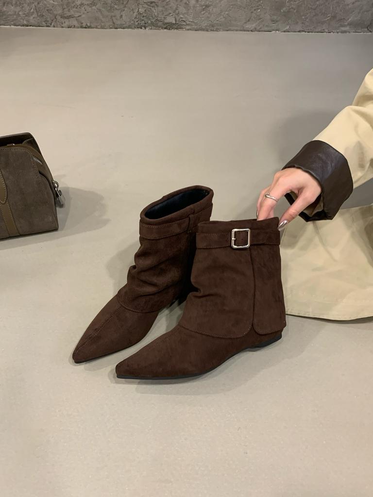 European station pointed short boots women's autumn sleeve belt buckle niche western boots show legs long low heel fashion boots