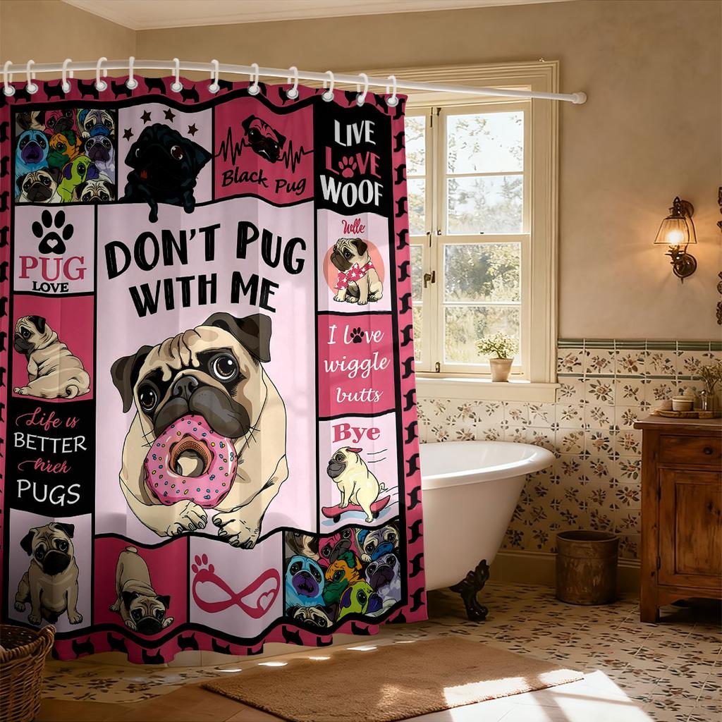 Dog Mom Shower Curtain 90Gsm Waterproof Boston Terrier Pug Print Bathroom Decor With Hooks