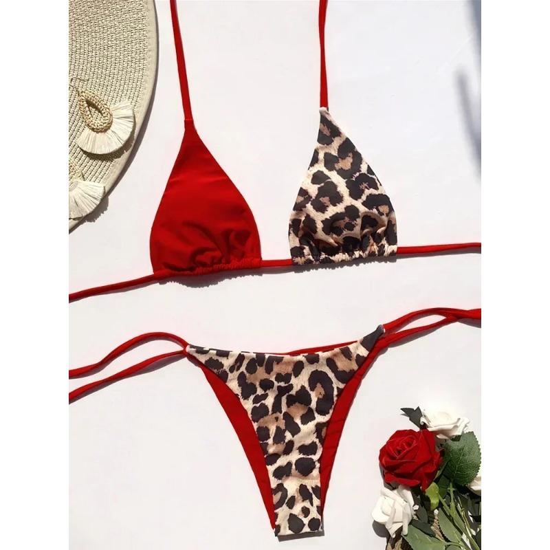 Бикини с леопардовым принтом и бретельками через шею 2025 года, мини-микробикини, женский купальник, женский купальник, комплект бикини из двух частей, купальный костюм, плавание