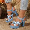 Fashion 2025 Summer Women's Fashion Sandals Platform Bow Tie Buckle Strap Dress Sandals Chunky High Heel Shoes Blue Denim Outwear Shoes