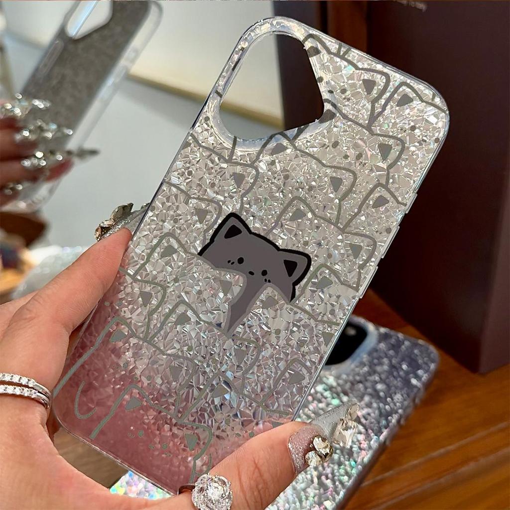 Чехол для iphone XS Max 16 Plus 17 Pro 14 15 11 18 Pro Max 13 Air 12 XR Серебристый Блеск Трескающийся Фон Скрытые Узоры Кошки