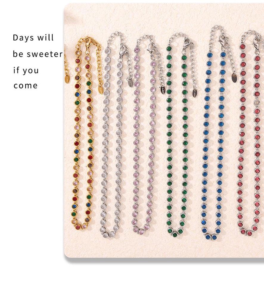 Комплект украшений из богемского циркония: Цветные бусины, круглое ожерелье и браслет, титановая сталь с PVD-покрытием из 18-каратного золота.