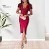 Women Evening Dress Deep V Neck Skinny Sheath Split Hem Ruffle Short Sleeves See-through Lace Pure Color Pleated Prom Party Dating Midi Dress