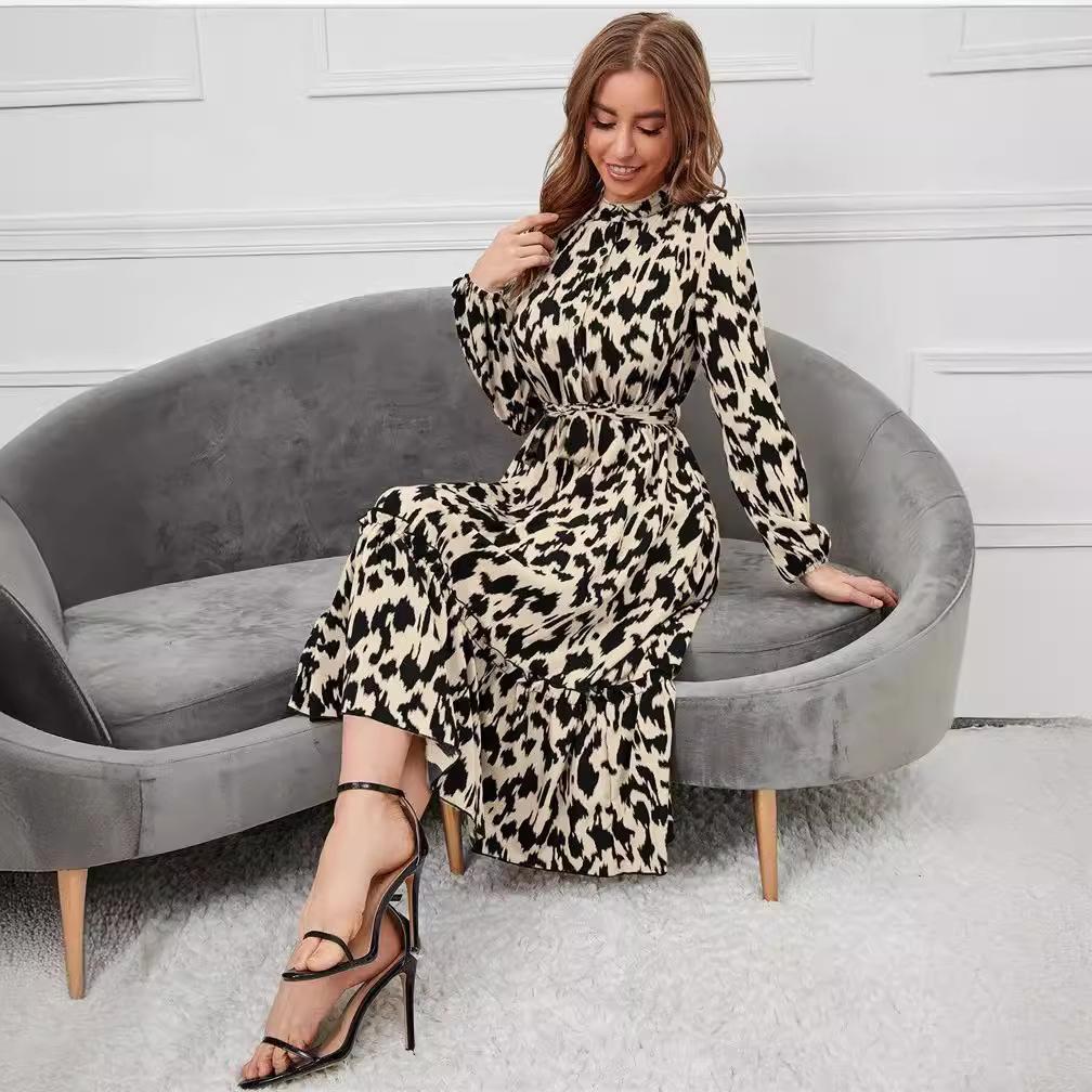 Dress women's new autumn and winter hot sale long-sleeved printed stand-up collar ruffle edge skirt spot