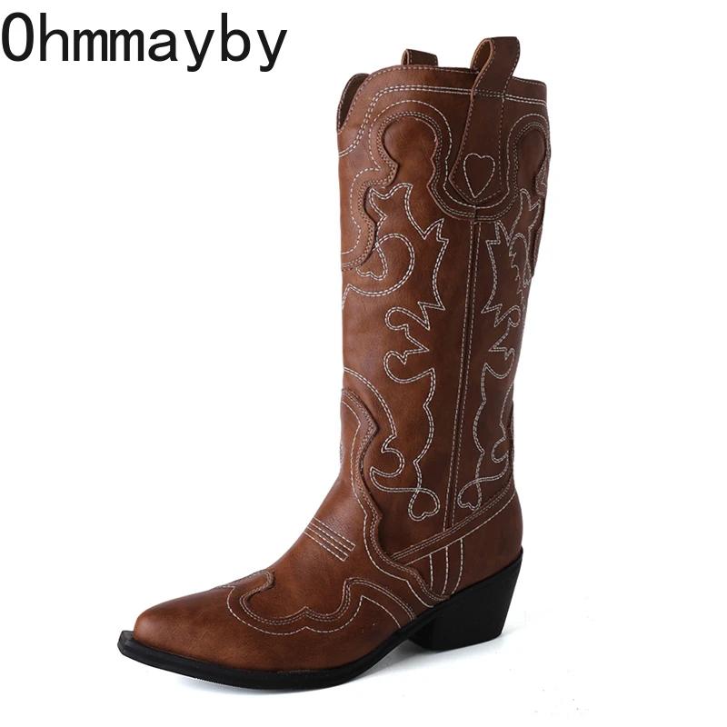 Мода вышивка женские ковбойские сапоги в стиле вестерн модные длинные сапоги рыцаря с застежкой на квадратном каблуке осенне-зимняя обувь