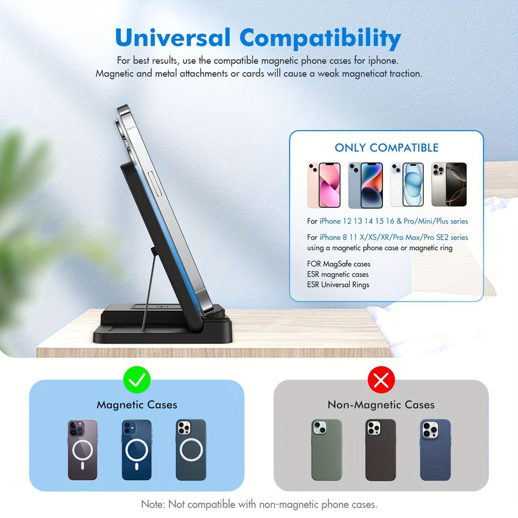 Беспроводная зарядная станция 3 в 1 Стандартная 15 Вт для Mag-Safe Быстрая беспроводная зарядка Стойка, для iPhone 17 16 15 14 13 12 11 X 8 Pro Max/Pro/Mini/Plus