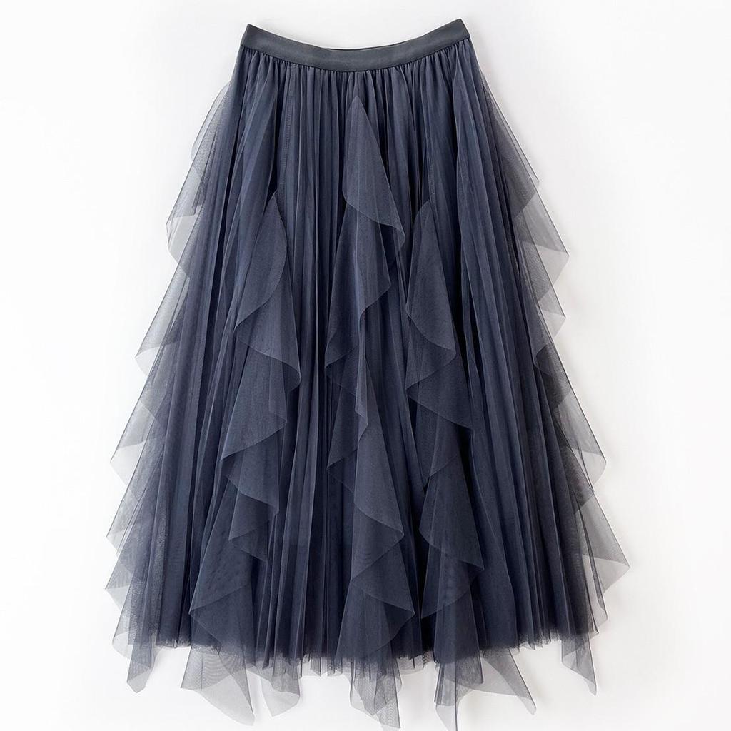 2023 Women's Irregular A-Line Pleated Gauze Skirt with Tassels