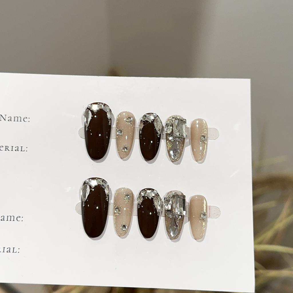 Women Press‑On Nails Pure‑Handmade Autumn Winter Brown Gold Cat Eye Piled Rhinestone Sparkling European‑American False Nail Patches