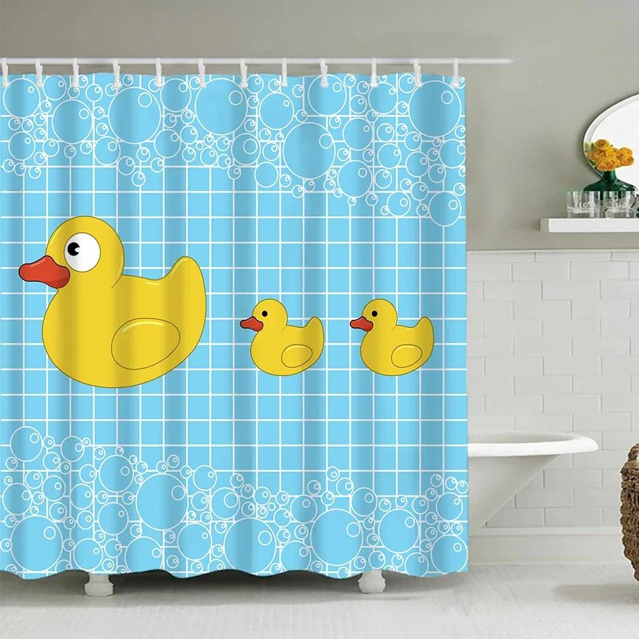 Duck Shower Curtain Cartoon Character Taking A Bath Colorful Drops Backdrop Dots,Cloth Fabric Bathroom Curtains with Hooks