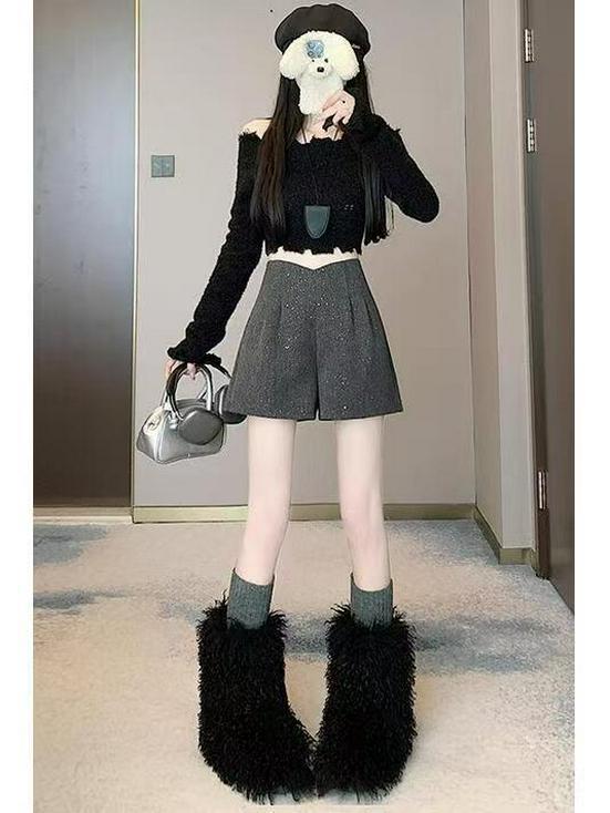 Мерцающие черные брюки клеш с пайетками и шерстяные шорты А-силуэта с высокой посадкой для женщин - Коллекция Осень/Зима