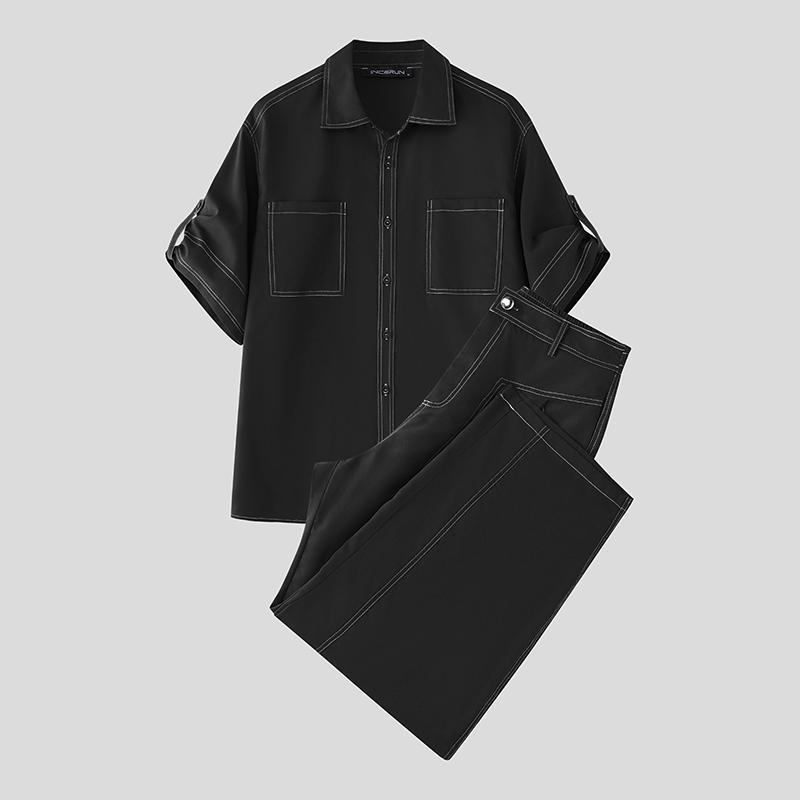 INCERUN Two Pieces Men Lapel Neck Short Sleeve Shirt Long Straight Pants Sets Outfits