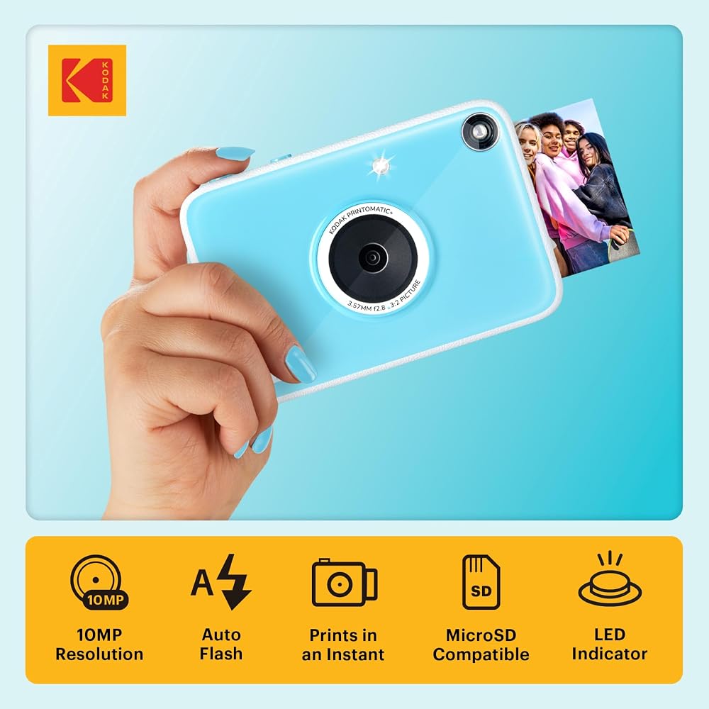 Kodak Printomatic+ Instant Print Digital Camera (Blue) 10MP Portable Camera with Interactive RGB LED Status Indicator, Prints Full Color Photos on Zin