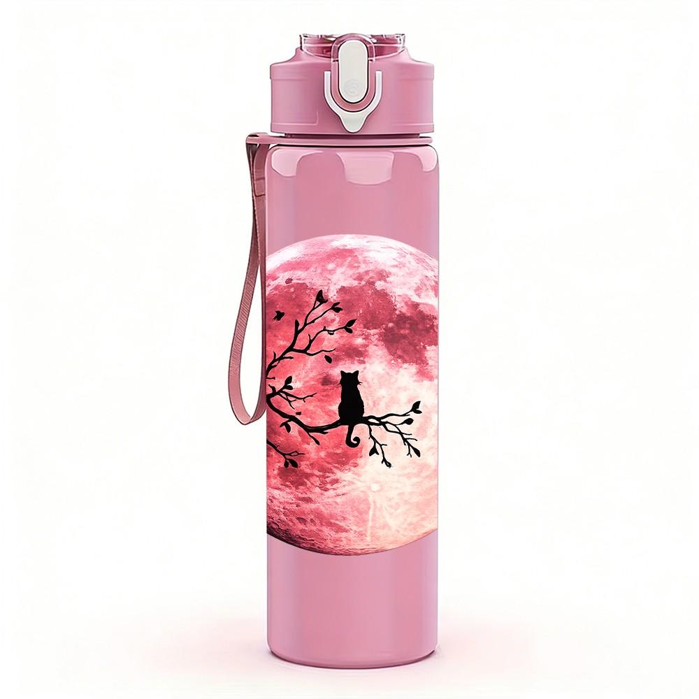 1PC Pink Red Blood Moon Lunar Planet Print 750ml Color Plastic Sports Water Bottle Leakproof Flip Straw Lid Suitable for Sports Office Home Use