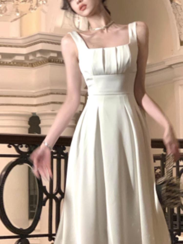 Элегантное платье, женское шикарное французское сексуальное ретро платье Хепберн, милое эстетичное длинное платье с квадратным воротником и складками на талии, облегающее большой подол