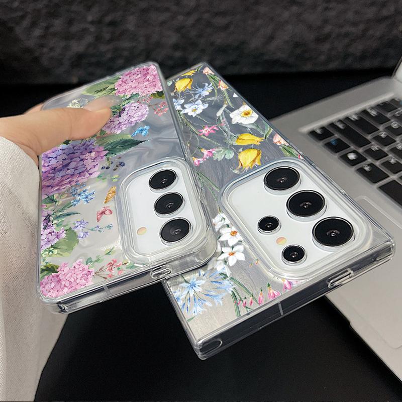 Тонкий чехол для телефона с цветочным узором и перьями для Samsung S25 Ultra S24 FE S23 A56 A36 A16 A55 TPU, ударопрочный, с мягким краем, блестящий, жесткий, из поликарбоната, задняя крышка
