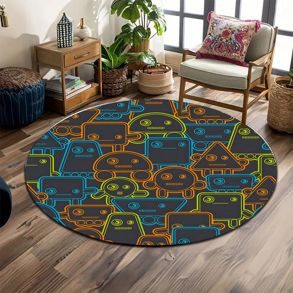 Colorful Geometric Robot Pattern Carpet Print round rug, living room, bedroom, playroom carpet, non slip floor mat, gift
