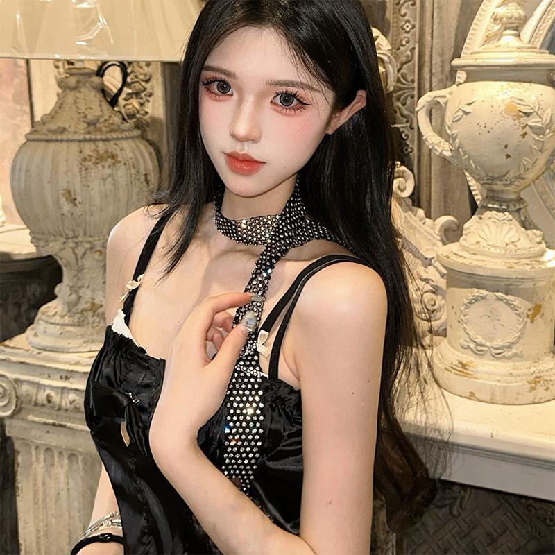 Блестящий длинный шарф, шейные платки, галстук, чокер, ожерелье для женщин, роскошный галстук-бабочка, воротник-ожерелье, ювелирные изделия