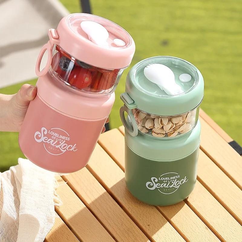 Double Layer Soup Cup Oatmeal Cup with Spoon Stainless Steel Breakfast Milk Bowl Office School Picnic Portable Food Container