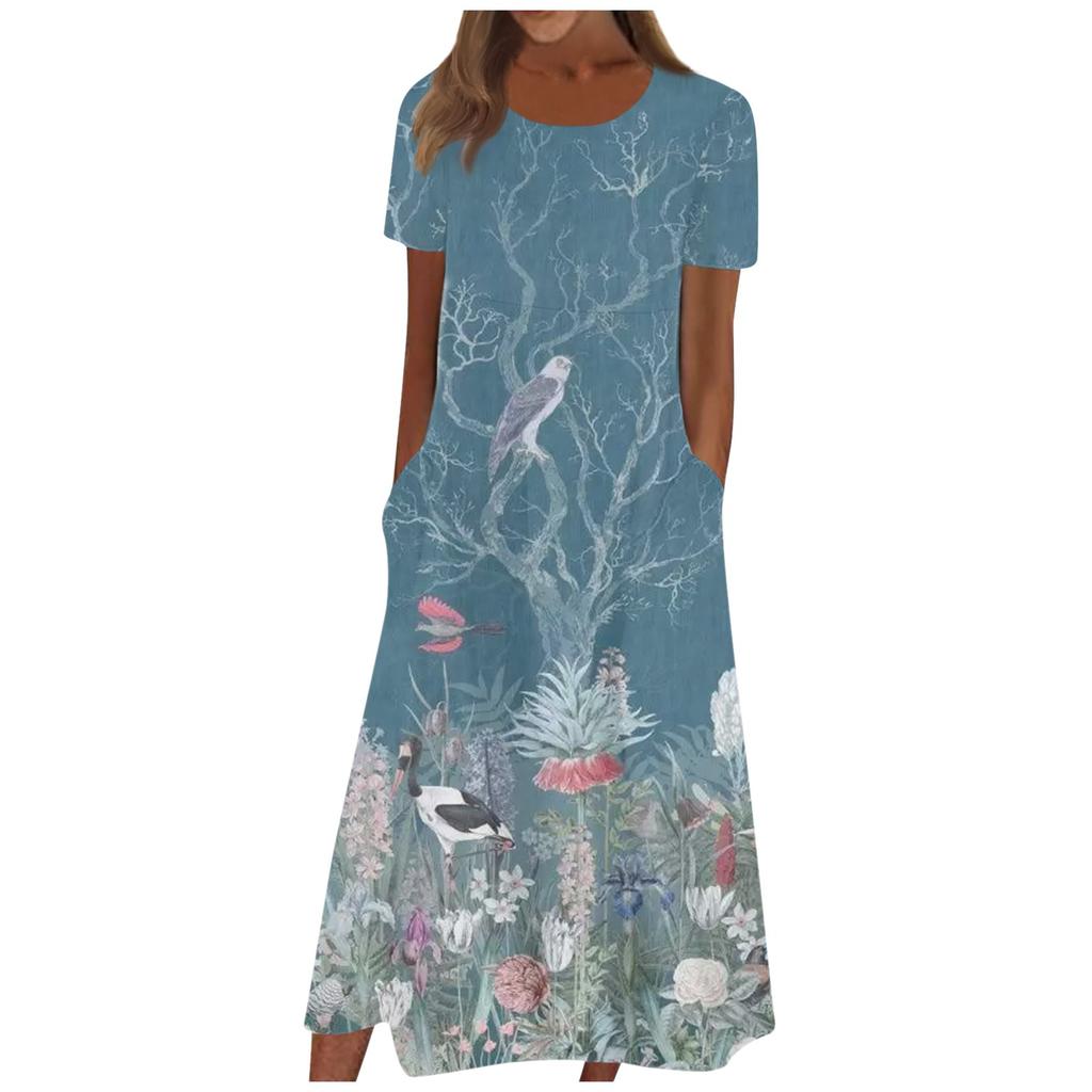 Women's Summer Casual Fashion Floral Print Short Sleeve Round Neck Pocket Dress