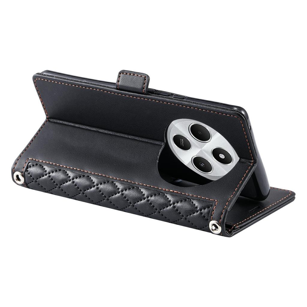 Leather Case For Xiaomi Redmi 14C 5G/14C 4G/14R 5G/Poco C75 4G Rhombus Texture Wallet Stand Phone Cover with Wrist Strap