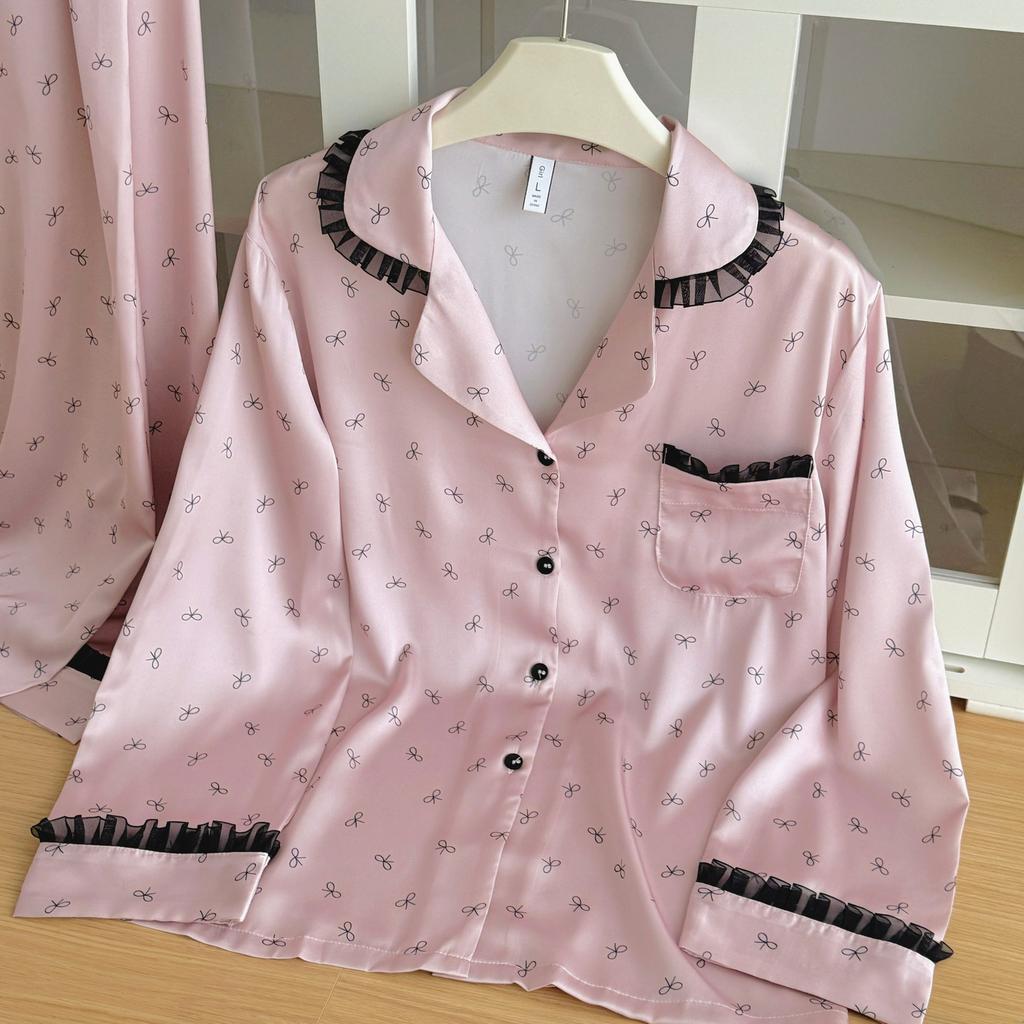 1011 New Rose Pink Pajamas Women's Long Sleeve Suit Homewear Lace Sweet Ice Silk Pajamas Women