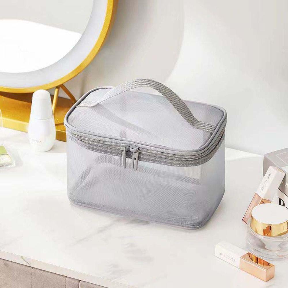 Zipper Mesh Cosmetic Bags Transparent Toiletries Organizer Simple Double-layer Storage Bag  Women