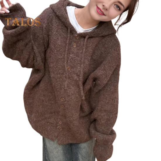 Женский свитер, пальто с капюшоном, завязками, длинными рукавами, однотонное трикотажное пальто с застежкой на пуговицы, повседневная вязаная верхняя одежда