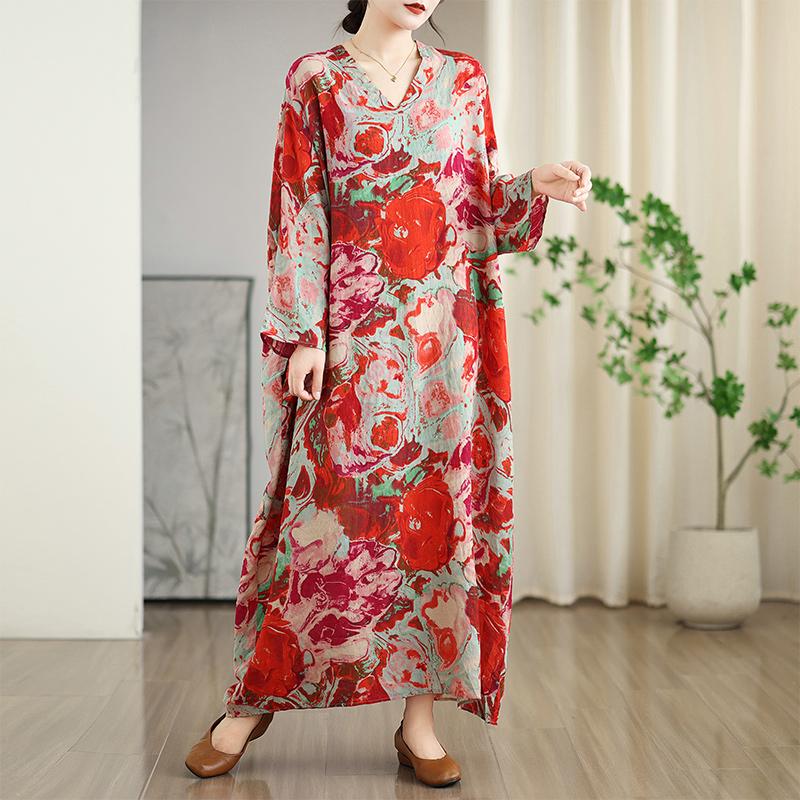 Dimanaf 2025 Женское Весеннее Свободное Платье Плюс Размер Винтаж Элегантный V-образный вырез Льняное Повседневное Базовое Цветочное Новое Длинное Платье