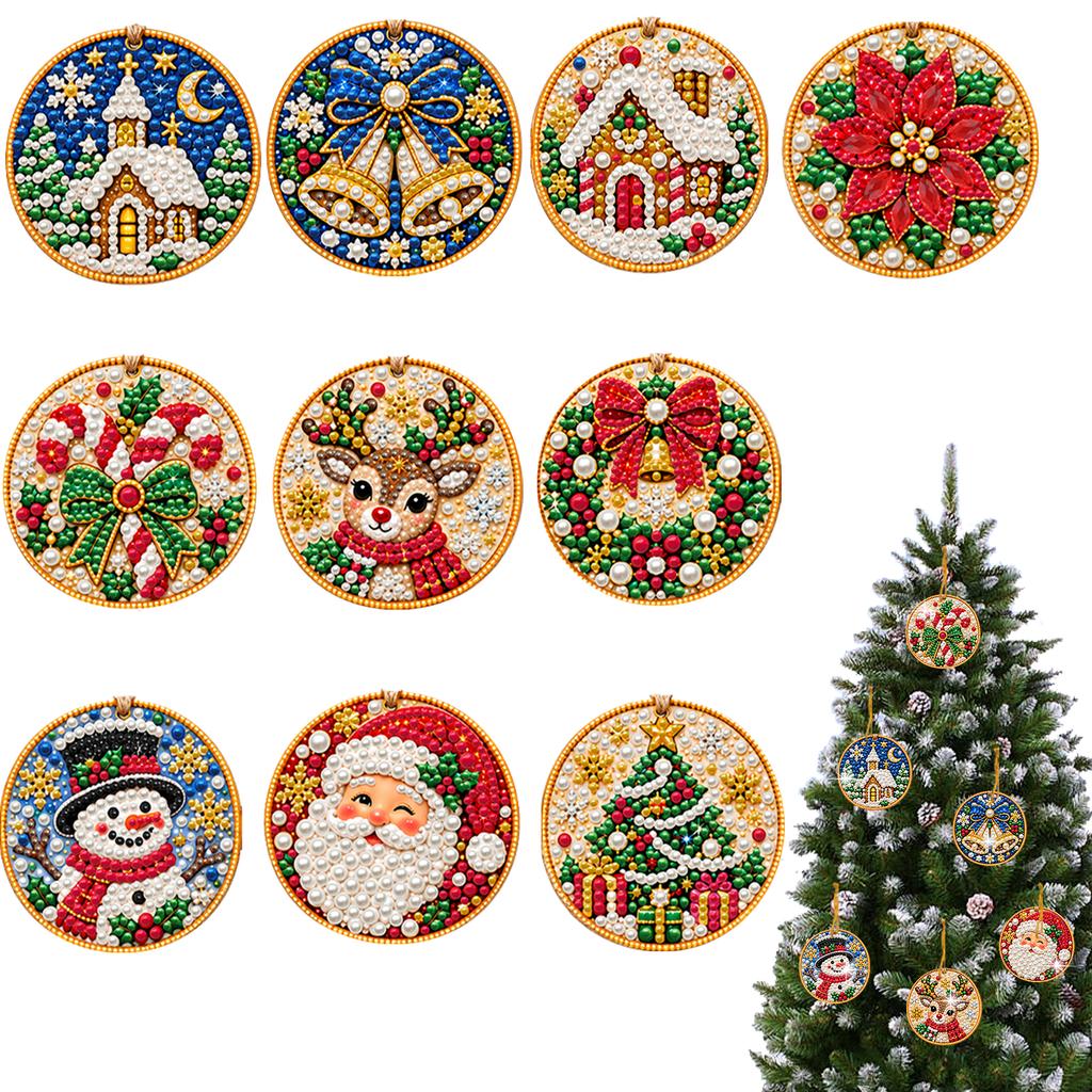 10Pcs DIY Christmas Ornament Diamond Painting Wooden Pendant Pearl Gem Hanging Decor Kit 10cm