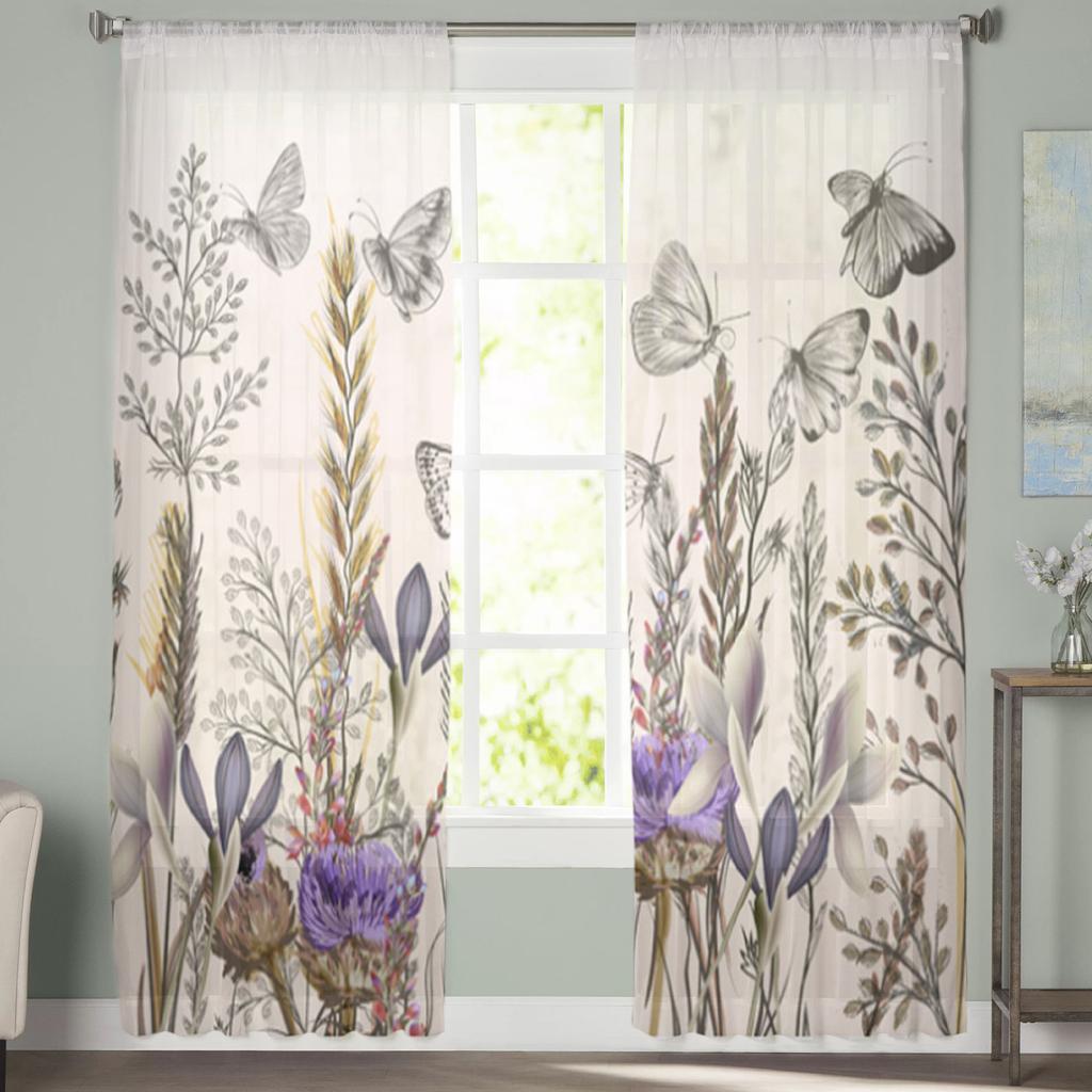Винтажные прозрачные шторы с изображением трав и цветов с бабочками для гостиной, спальни, тюлевые шторы, кухонные оконные шторы, панельные шторы
