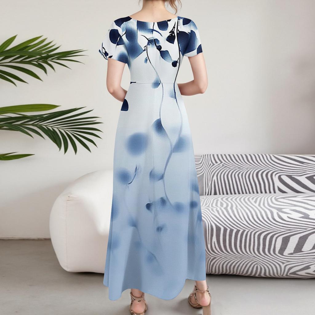 Women's Casual Fashion Print Long Dresses V-Neck Short Sleeve Dresses