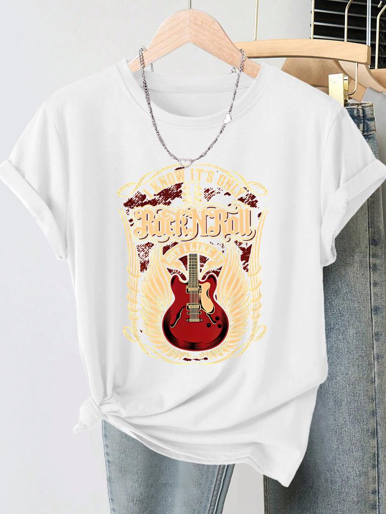Rock N Roll Guitar Retro Printed Summer New Style Women's Round Neck Daily Commuter T-shirt Playful Age Reducing Top