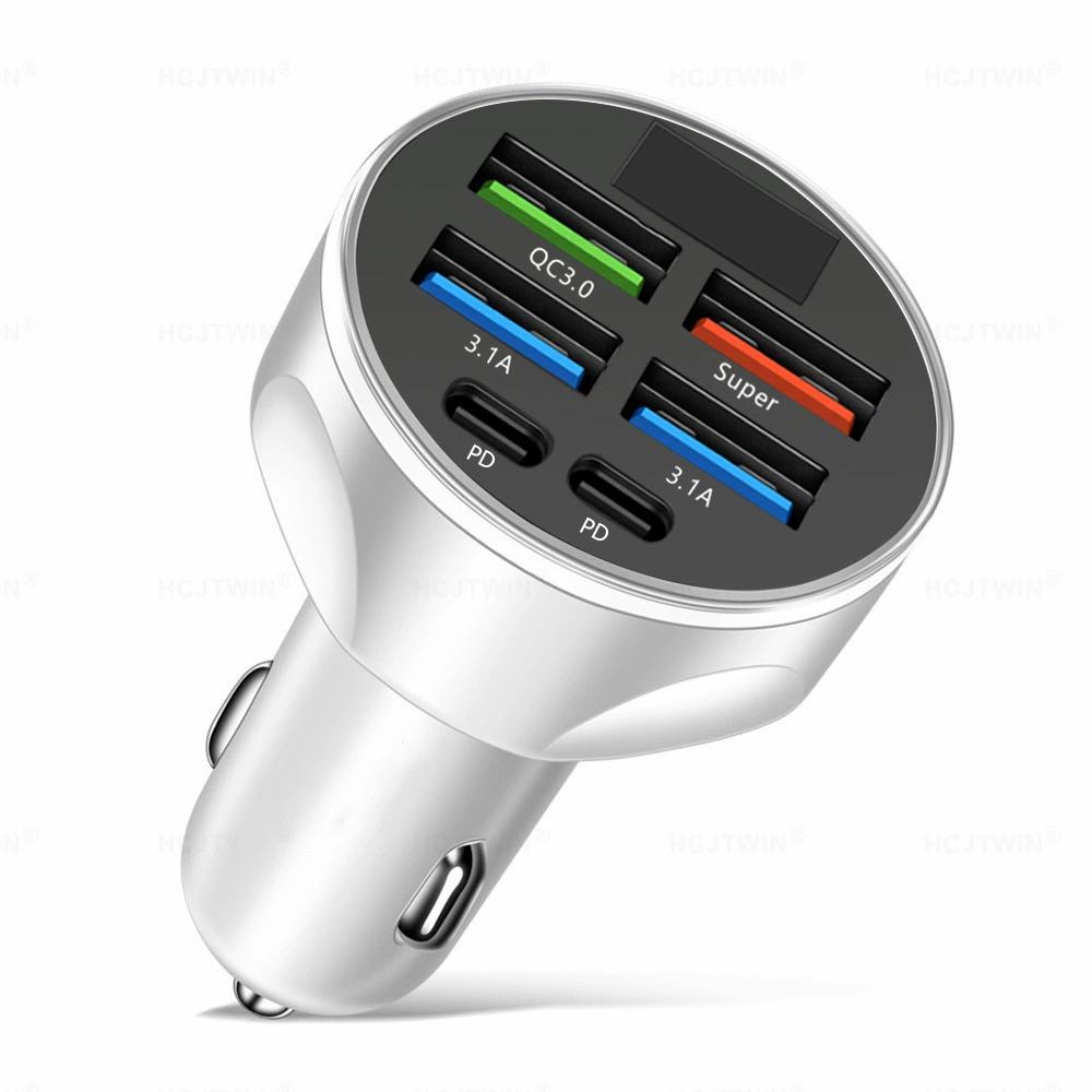 Автомобильное зарядное устройство с 6 портами USB 4 USB + 2 PD Быстрая зарядка PD QC3.0 Автомобильное зарядное устройство USB C для телефона Адаптер типа C для iPhone Samsung Huawei с дисплеем напряжения
