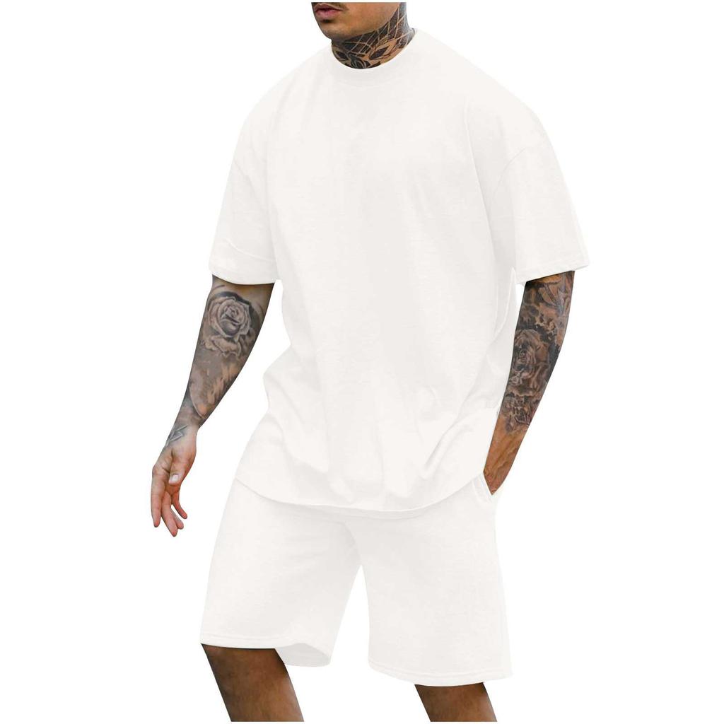 New Men's Round Neck Drop Shoulder Short-sleeved T-shirt Top Shorts Two-piece Fashion Sports and Leisure Suit