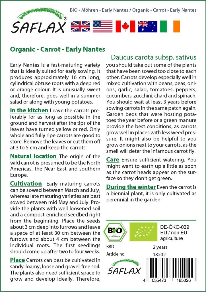 SAFLAX Garden in the Bag - Органический - Морковь - Ранний Нант - 1500 семян - С субстратом в подходящем мешке - Daucus carota
