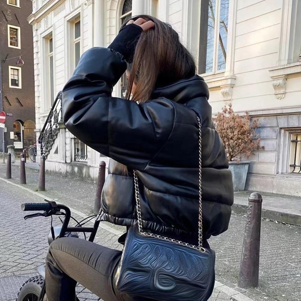 Зимние теплые толстые пальто из искусственной кожи, короткие парки, модная черная хлопковая стеганая верхняя одежда в стиле панк, женская куртка с воротником-стойкой, элегантная одежда на молнии 2023