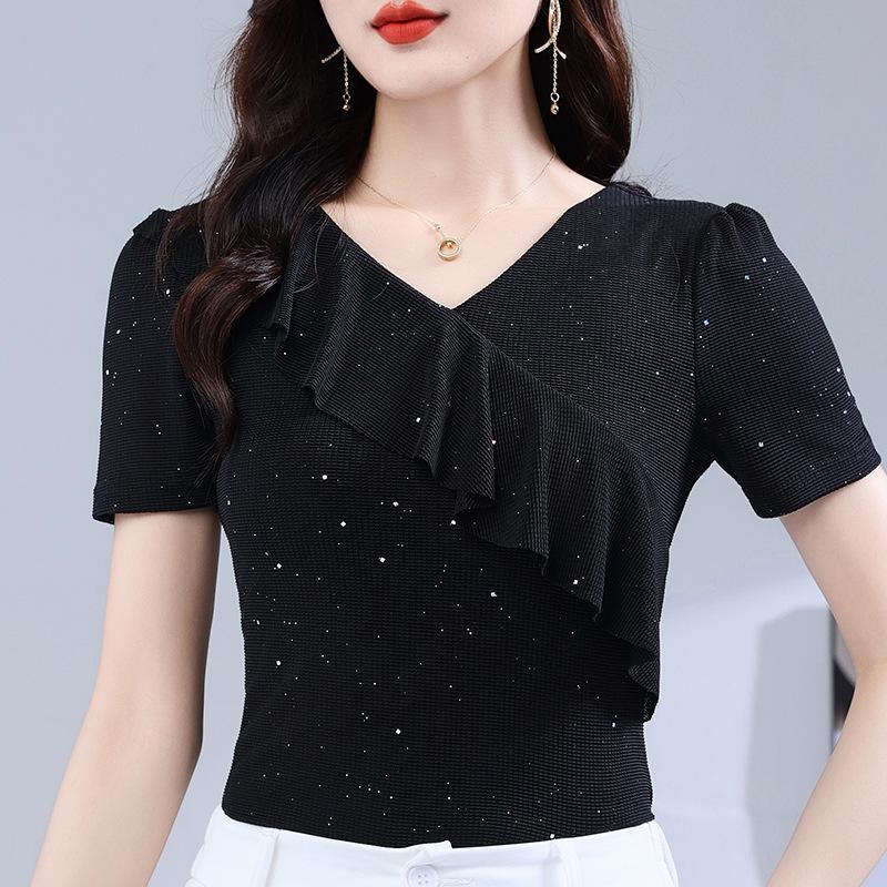 Футболка с короткими рукавами и V-образным вырезом, оборками, женская летняя, облегающая, однотонная, из высокоэластичной сетки, топы Blusas
