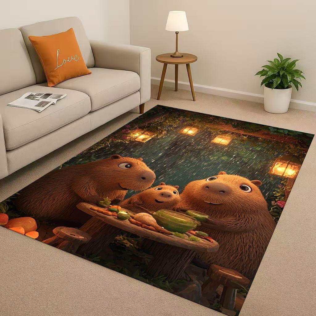 Kawaii Capybara Art Cartoon Living Room Non-Slip Area Rug Soft Carpet for Bedroom Playroom Sofa , Easy Clean Home Decor Doormat