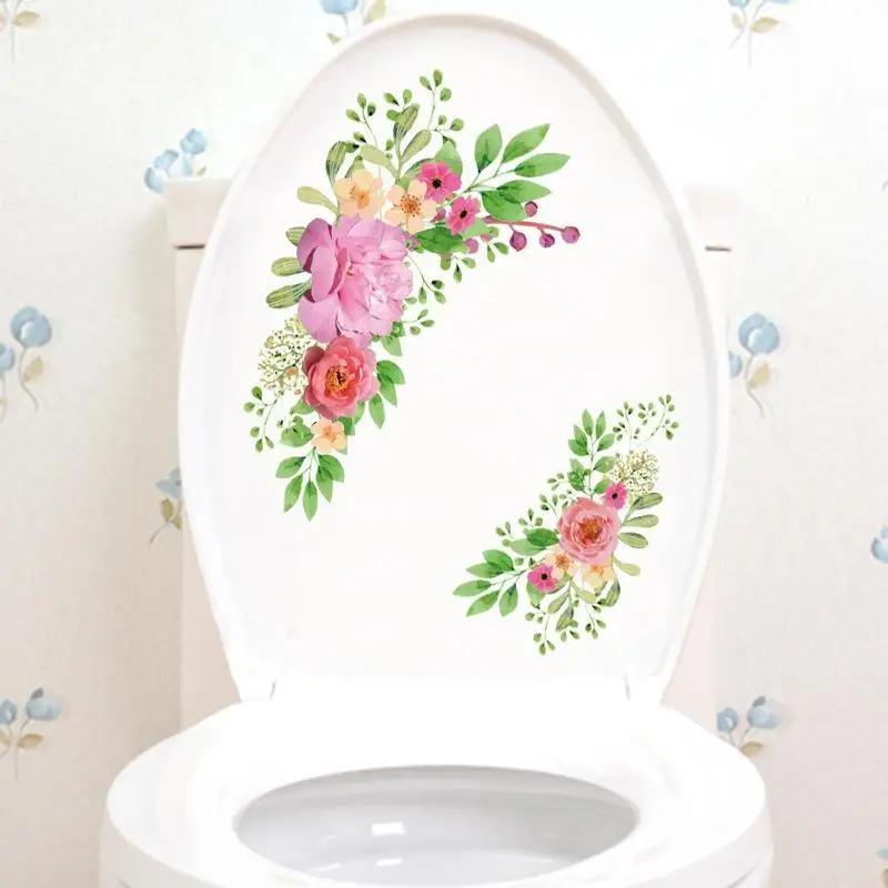 1 Pcs Flower Mural Toilet Stickers Bathroom Decoration Stickers Bathroom Decors Self-adhesive Paintings Removable PVC Sticker